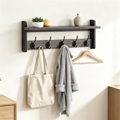 Portemanteau mural avec tablette, crochets de vestibule pour suspendre les vêtements, sacs à dos, clés et sacs à main, organisateur de rangement en bois et en métal