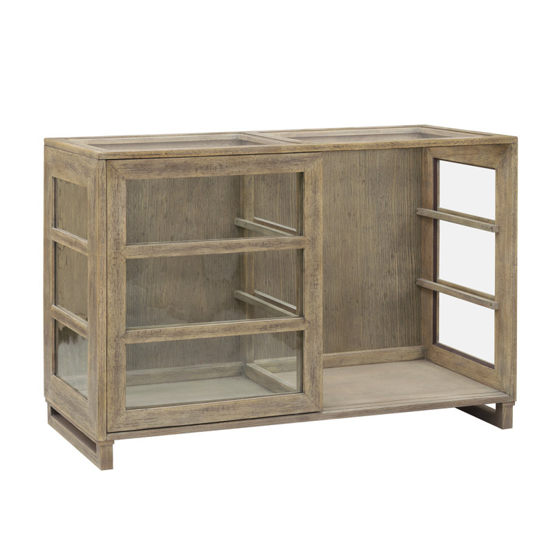 Light Wood Oak Veneer Lighted China Cabinet with Sliding Doors