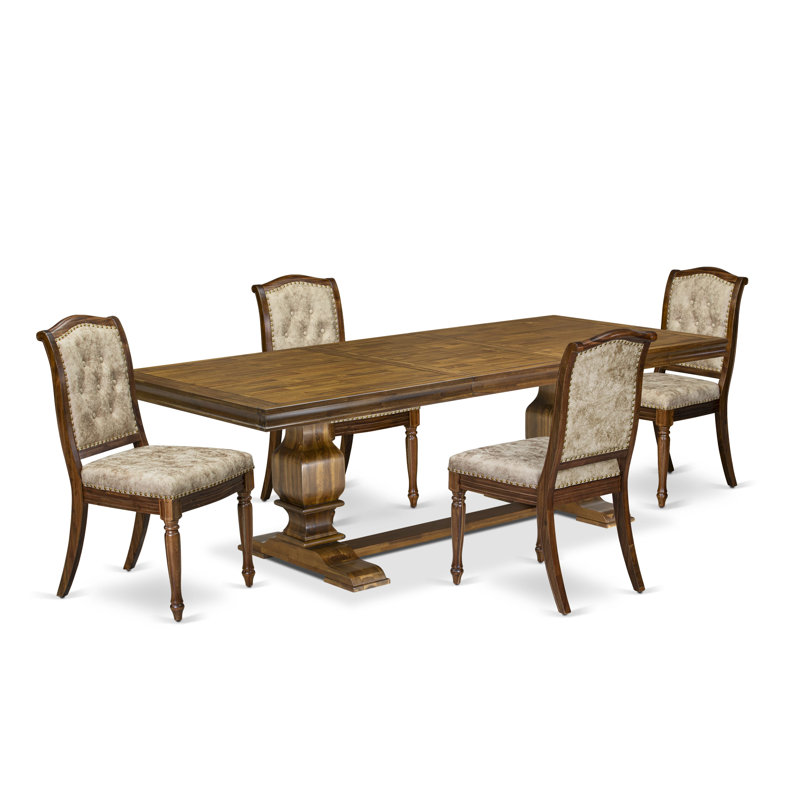 Cet ensemble de salle à manger moderne 5 pièces comprend une table de cuisine rectangulaire et 4 chaises de salle à manger en similicuir beige clair au fini noyer antique