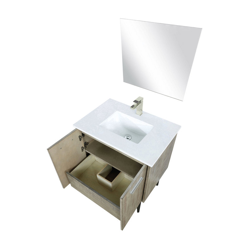 Meuble-lavabo rustique 30 po X P 20 po, comptoir en quartz blanc teinté, robinet inclus et surface de bain à miroir mural 28 pleine longueur, taille en nickel brossé