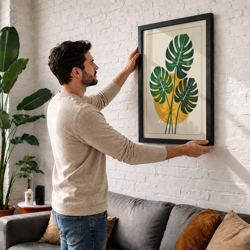 Monstera Trio Botanical - Framed Print, Walnut, A3 - 42.0 x 29.7 cm