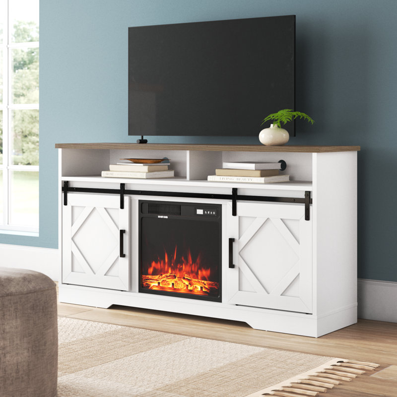Meuble télé pour téléviseur de 65 po ou moins avec foyer électrique Truitt Yearby, Blanc