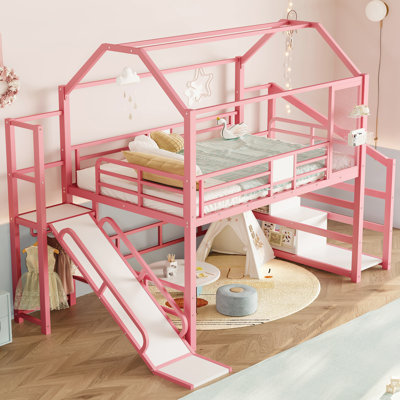 Lit double mezzanine pour enfants avec glissade et escalier, lit de jeu en métal avec tablettes de rangement, toit en forme de maison, rose