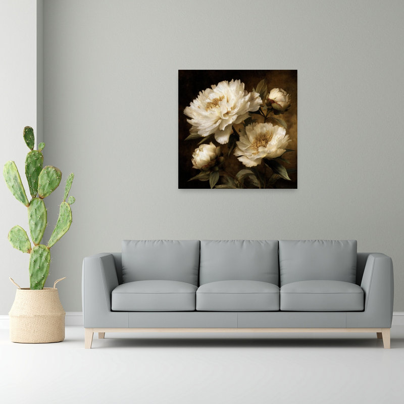Rêveur rétro floral classique délicat, pivoine dramatique, impression murale, 48" H x 48" W