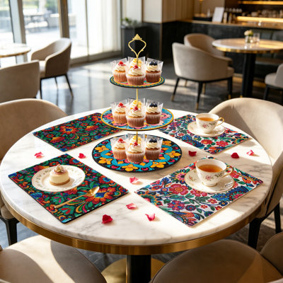 Ensemble de table de fête arc-en-ciel à motif de losanges mexicains, comprenant 4 napperons de salle à manger et présentoir à petits gâteaux