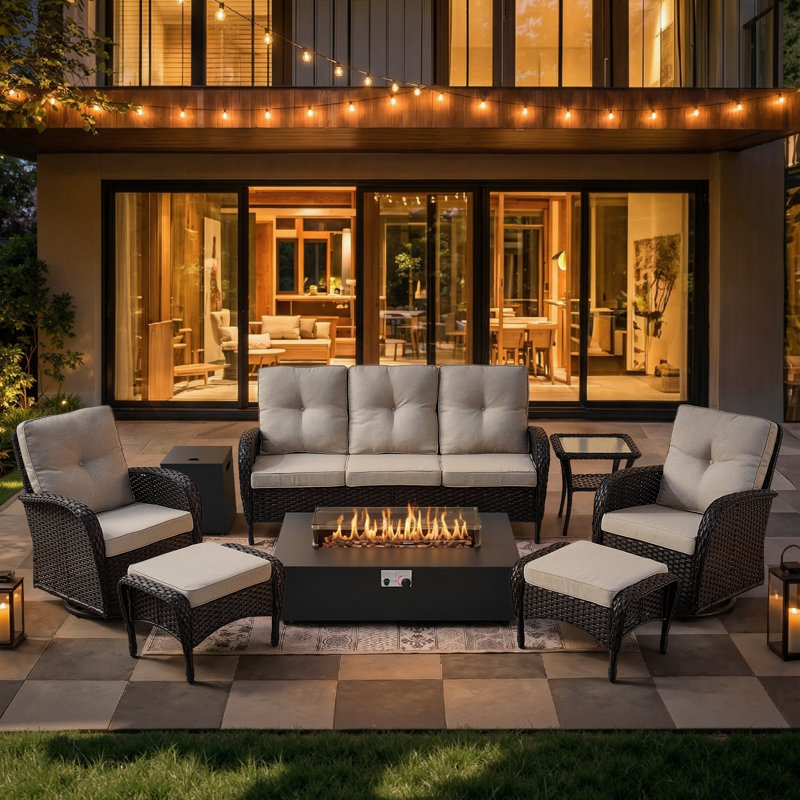 Esquer 7-Pieces Wicker Outdoor Conversation Set For 6 Person With 2 Rocking And Swivel Chairs & Fire Pit Table, Beige, Black