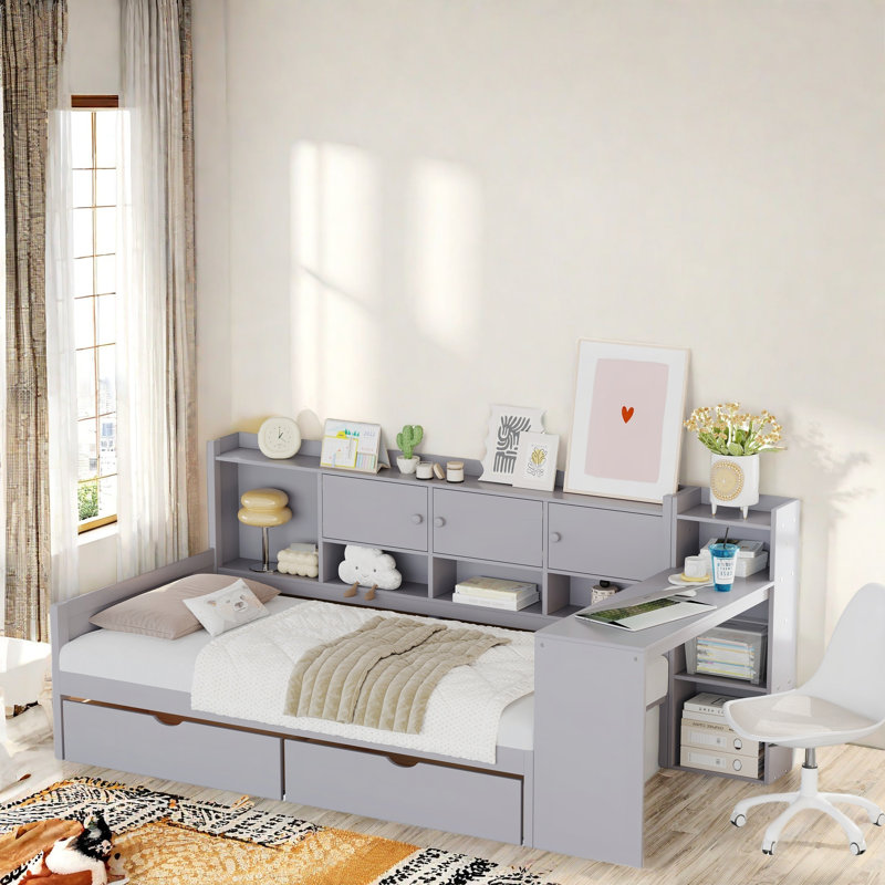 Wooden L-shape Daybed With 3 Cabinets And 2 Drawers, Study Desk And Built-in Bookshelf, Twin