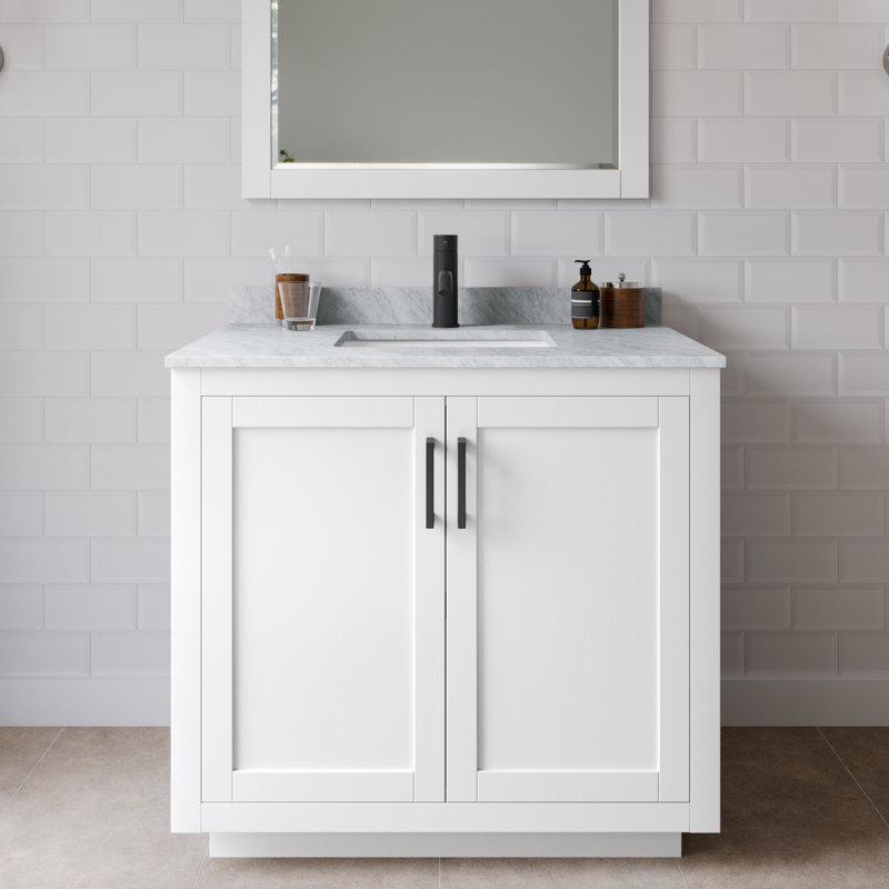 Ensemble de meuble-lavabo simple 36 po avec plateau en marbre Miranda, Noir mat, Blanc