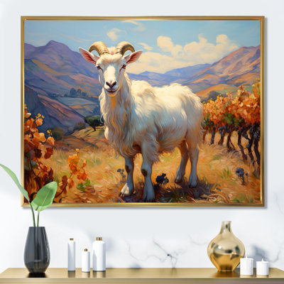 «White Caprine Goat Charm Meadows II», art mural animal de chèvre