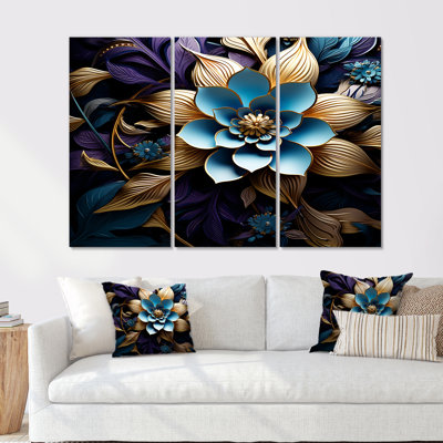 Fleurs de lotus bleues et feuilles dorées - ensemble de salon d'art mural floral moderne