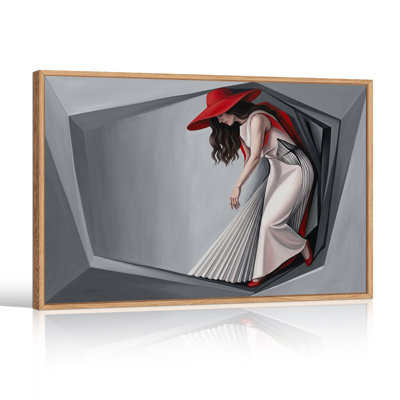 Woman in Red Hat and White Dress Emerging from Gray Box Canvas Wall Art