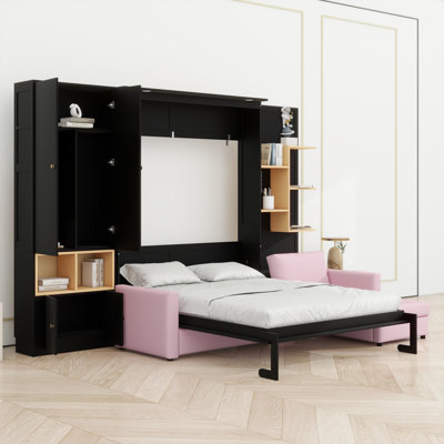 Queen Murphy Bed With Couch And Storage Shelves,Charging Station& LED Light,Wood Foldable Murphy Wall Bed Cabinet With Sofa And Storage Cabinet