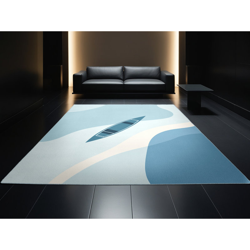 Machine Washable Hambrook Canoeing Lake Minimalist Rug in Blue – SkyBlue Binding, 6x9