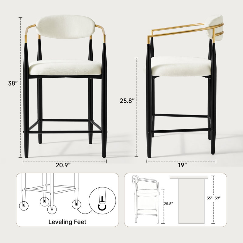 Ensemble de 4 tabourets de comptoir Velora 25,8 po avec accoudoirs dorés Velora, Blanc