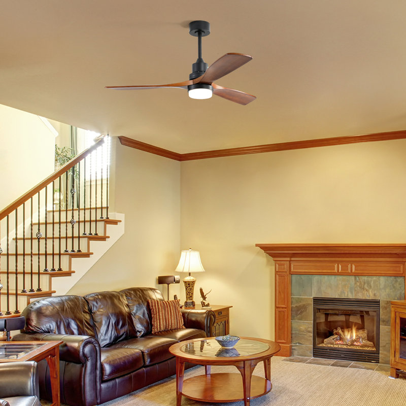 52" Solid Wood Blade Smart Ceiling Fan With Light, Remote, Supports Amazon Alexa And App Control, Brown Blade/Black Body
