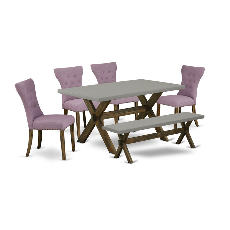 6 Piece Dining Room Set Contains a Rectangle Dining Table with X-Legs and 4 Dahlia Linen Fabric Parson Chairs with a Bench, Distressed Jacobean Finish