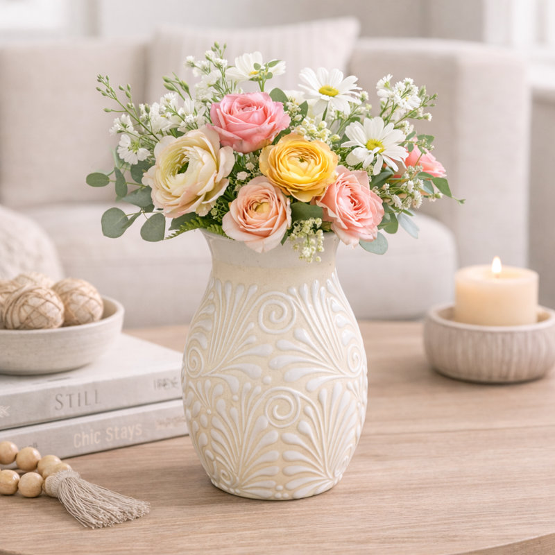 Desert Bloom Terracotta Clay Vase In Yellow/white