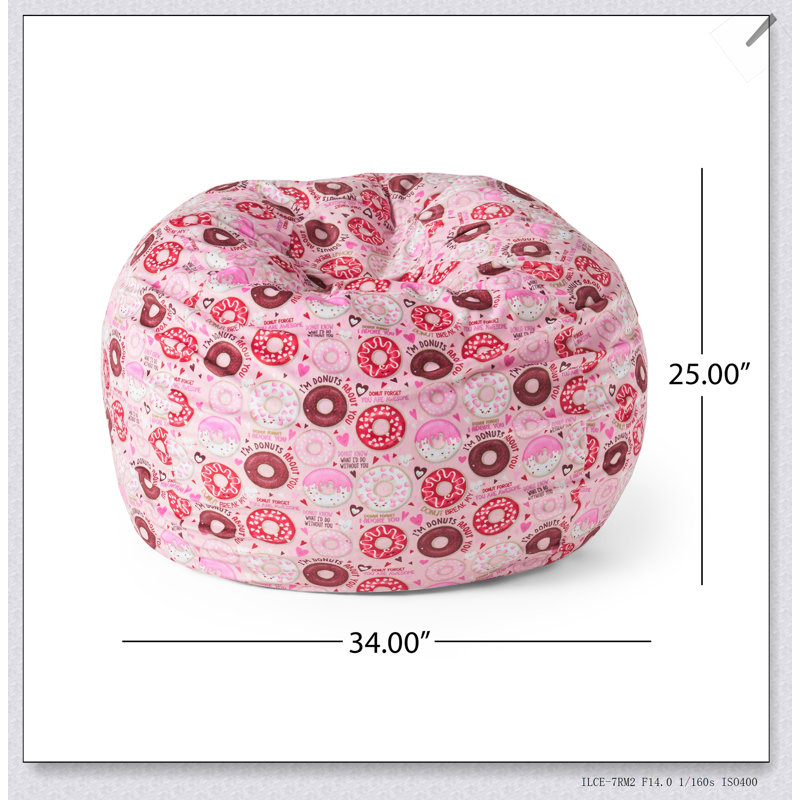 Fauteuil à billes arrondi 3 pieds Puff-Puff, imprimé beignet rose pour plus de confort et de style ludique