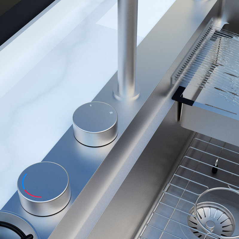 Évier de cuisine encastré circulaire 33 po x 22 po, évier de cuisine cascade avec robinet, évier simple en acier inoxydable avec station de travail moderne, 33 po x 22 po x 10 po, argent brossé