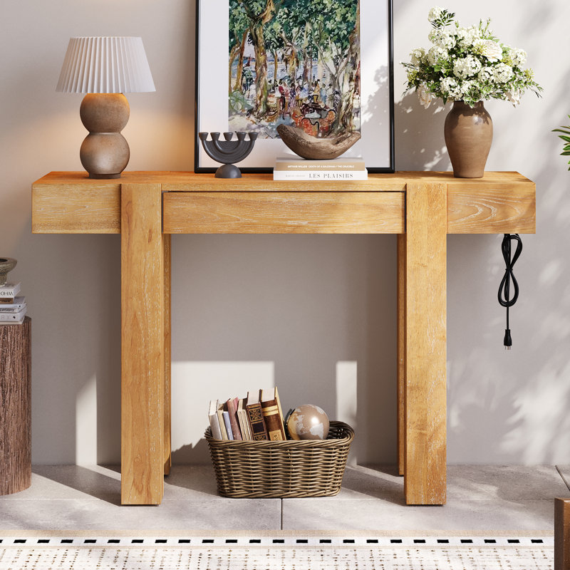 Console avec tiroir et station de charge, Bois naturel