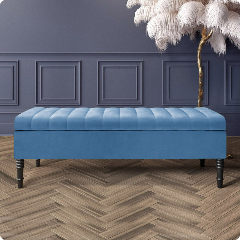 Safar Striped Ottoman Storage Bench – Upholstery Plush Velvet Shoe Bench with Black Turned Wooden Legs, Duck Egg