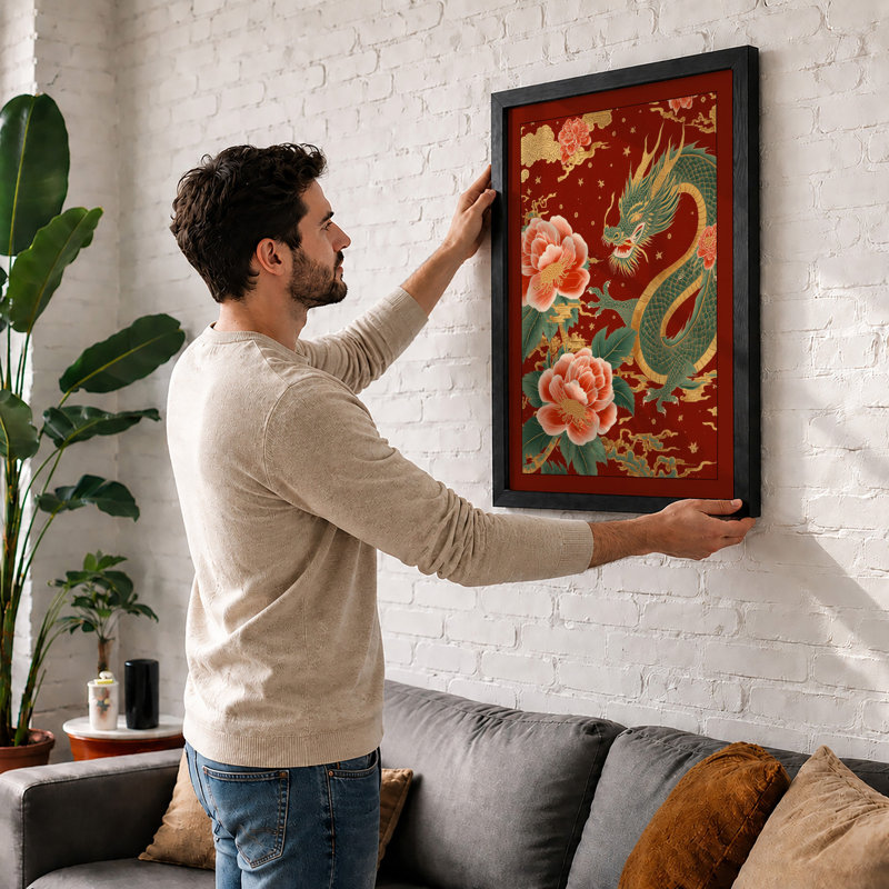 Dragon Among Peonies Japandi - Framed Print, Walnut, A4 - 29.7 x 21.0 cm
