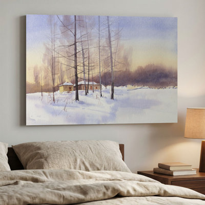 « Arbres dénudés dans un champ enneigé », aquarelle minimaliste d'hiver, impression murale sur toile épaisse avec cadre en pin