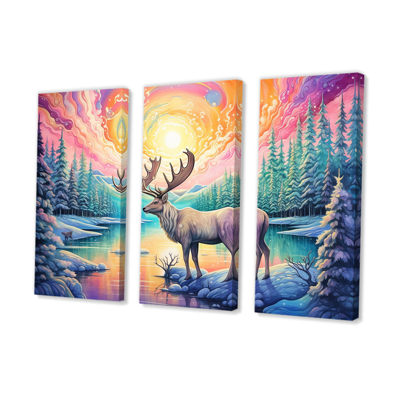 «Kawaii Color With Deer In Canada - Aurora Borealis», ensemble d'art sur toile, H 28 po x l 36 po