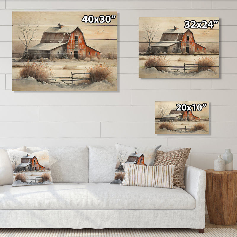 Cathrine, paysage de grange rouge en hiver II, reproduction sur bois sans cadre, H 24 po x l 32 po x P 1 po