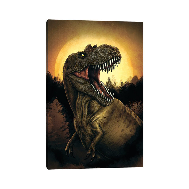 Albertosaurus Dinosaur Roaring Under Moonlight by Aram Papazyan - Wrapped Canvas Painting, 30.48 cm H x 45.72 cm W