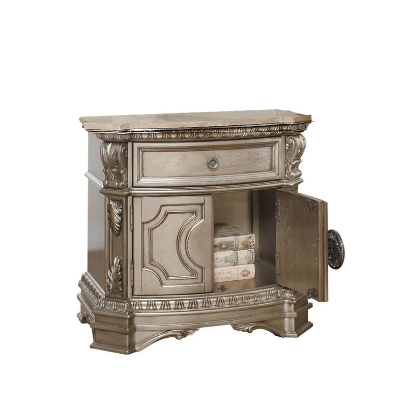 1 Drawer And 2 Wooden Doors Nightstand With Marble Top