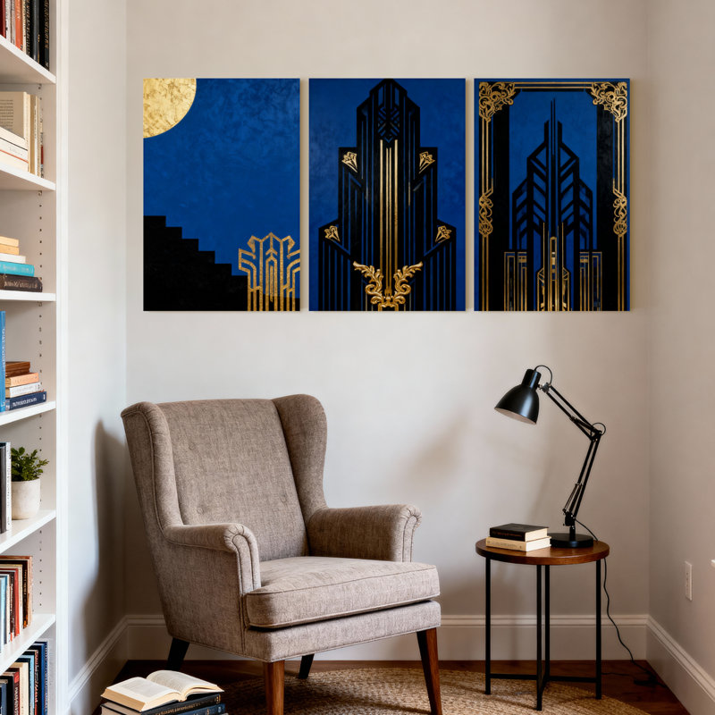 Abstrait art déco bleu et or, ensemble de 3 reproductions d'art sur toile, H 18 po x l 36 po