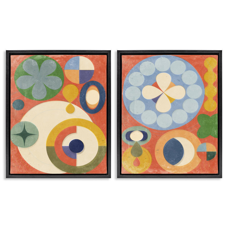  Ensemble de 2 toiles flottantes rétro encadrées Boho Shapes par Victoria Barnes, Cadre flottant noir de jais