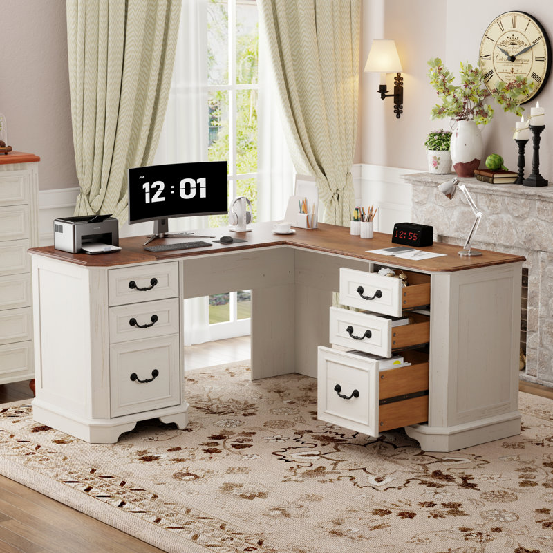 59" L-Shaped Home Office Desk With File Drawer & Built-In Charging Station, Brown/White