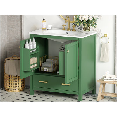 Meuble-lavabo de 30 po avec lavabo simple, lavabo sous le comptoir, armoire de rangement pour la salle de bain avec 2 portes et un tiroir, fermeture en douceur, rangement multifonctionnel, structure en bois massif
