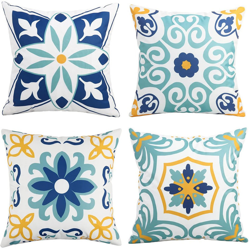 Ensemble de 4 housses de coussins décoratifs ..., Floral jaune / blanc / bleu