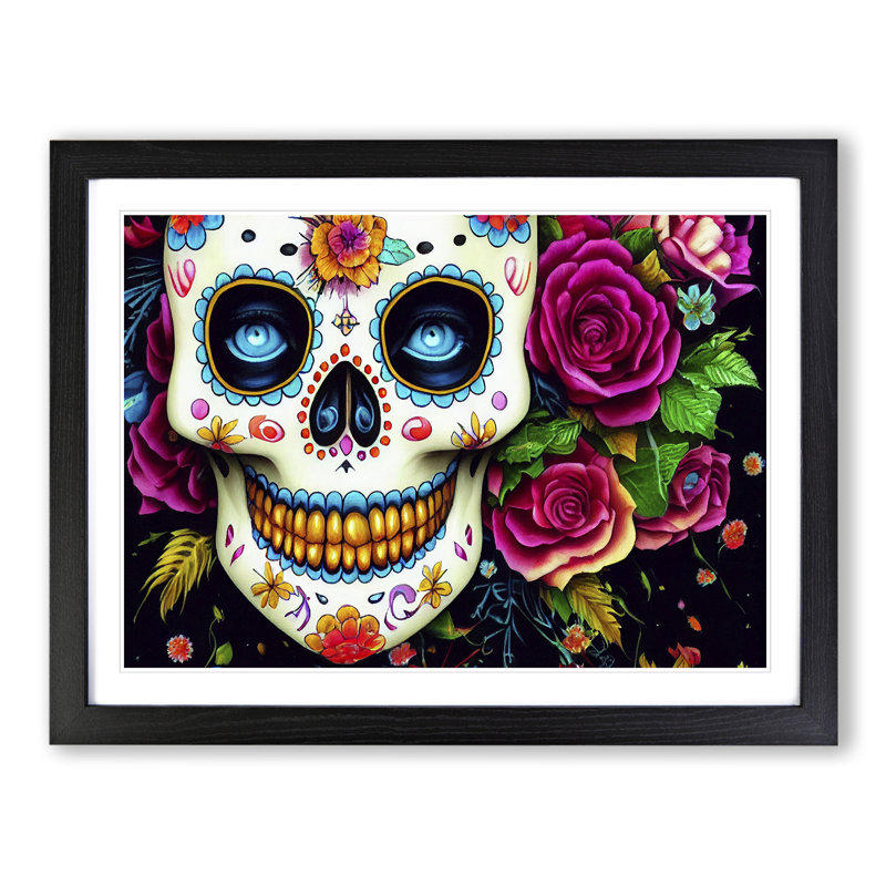 Bold Floral Sugar Skull - Single Picture Frame Print, Black Framed, 46cm H x 64cm W x 2cm D