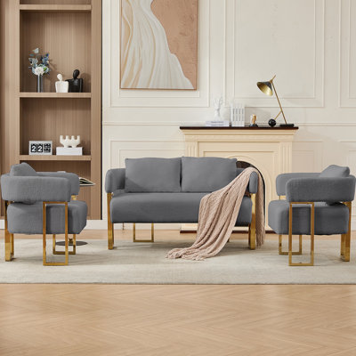TS Modern decorative chair, living room side chair with gold metal legs, no wheels, suitable for dressing area, reception room, office,Teddy fleece upholstered metal foot sofas Grey(combo set)