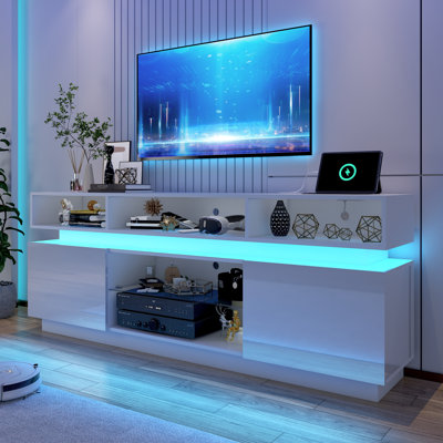 83'' TV Stand for TVs up to 90", Modern Tall High Gloss Entertainment Center with LED Lights, Power Outlets & Glass Shelf, Gaming Media Console for Living Room