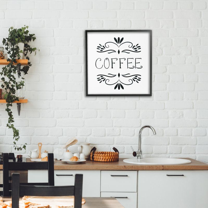 «Coffee with Floral Emblems», estampe numérique, conception de Lucille Price, H 17 po x l 17 po, Giclée encadrée noir minuit