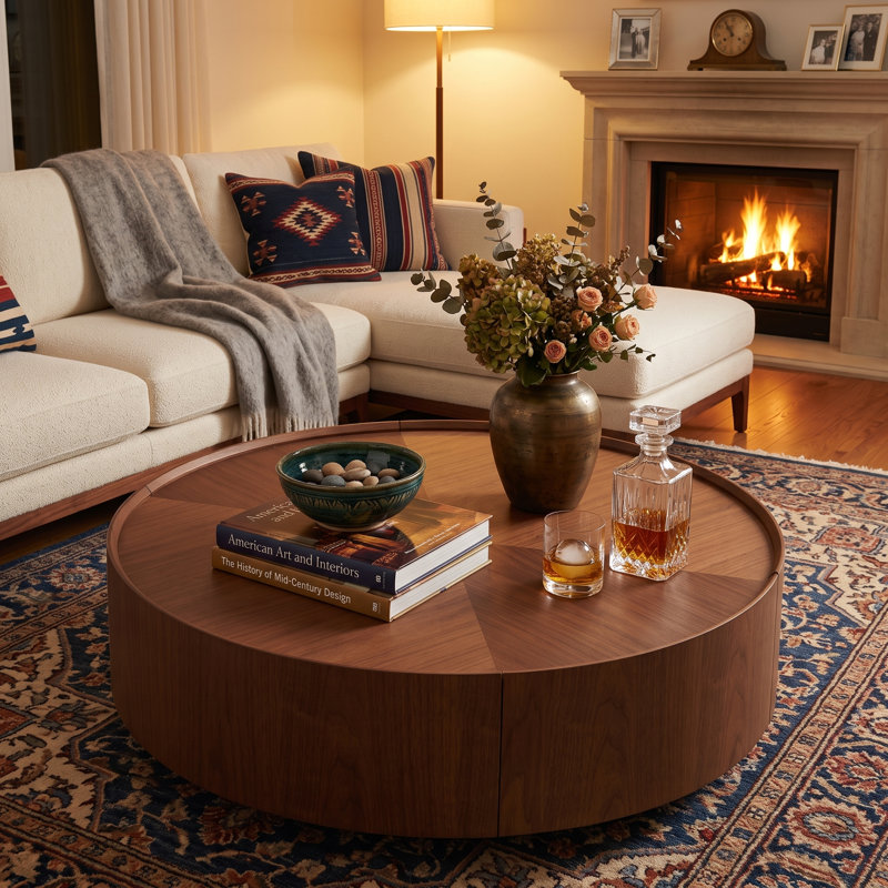 Table basse ronde en noyer de 39,3 po avec dessus en grain et tiroirs courbés, 39.3