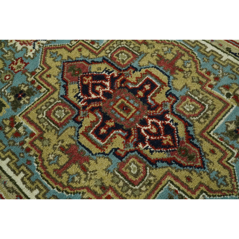 Tapis bleu / ivoire / vert en laine noué à la main Heriz