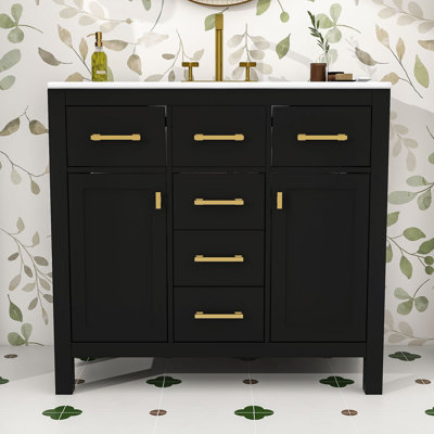 Modern Minimalist Wood Bathroom Vanity with Dual Cabinets, Four Drawers