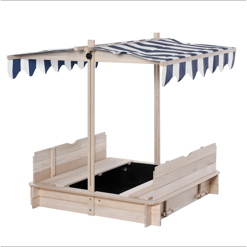 Bac à sable pour enfants avec couvercle Outsunny, bac à sable pour enfants avec bancs pliables, auvent réglable, Bleu
