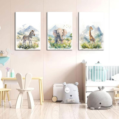 3 pièces chambre d'enfant mignonne animaux de la forêt, art mural, aquarelle, jungle, chambre d'enfant, décoration murale, éléphant, girafe, zèbre, affiches, impressions pour bébé, décoration de chambre d'enfant, préparation