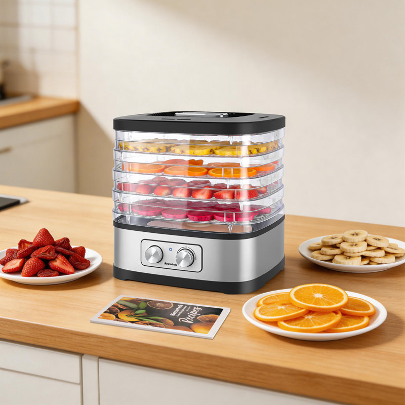Déshydrateur d'aliments à 5 plateaux, température réglable de 95 à 165 ° F, plateaux empilables sans BPA, déshydrateur compact pour fruits et saucisses avec conception transparente pour un usage domestique