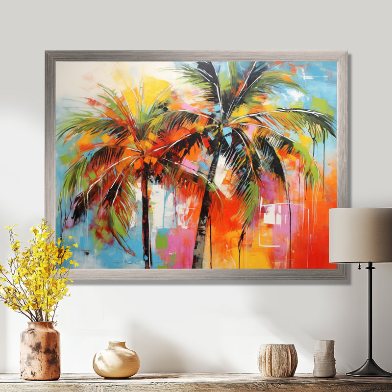 «Popart Palm Trees I», reproduction d'art sur toile Palm Trees, Cadre simple argenté, H 24 po x l 32 po x P 1 po