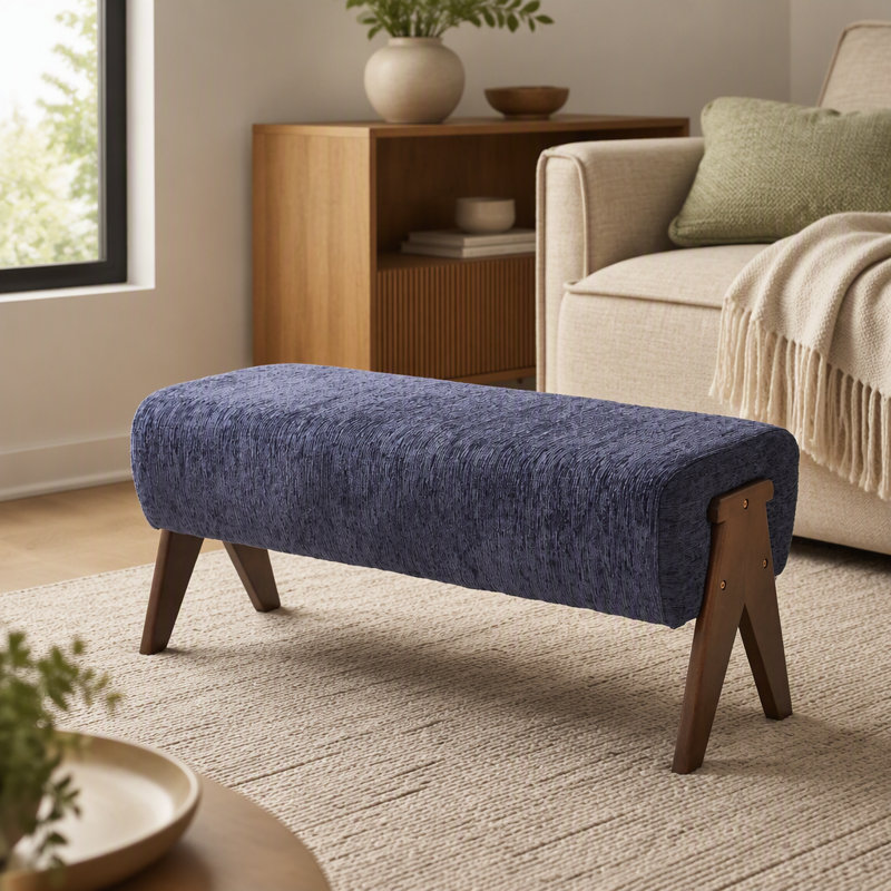 Banc d'entrée capitonné en chenille avec pieds en bois massif en forme de V et rembourrage en mousse