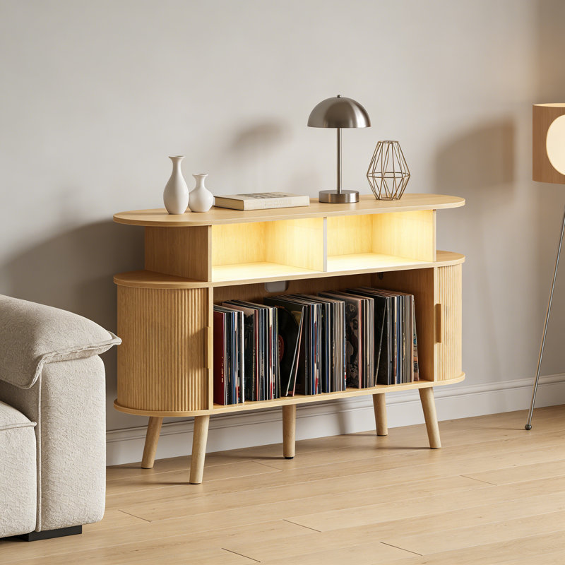 Larger Record Player Stand With Power Outlets And 3-Color Lights, Vinyl Record Stand With 2 Fluted Cabinets And USB-C Port