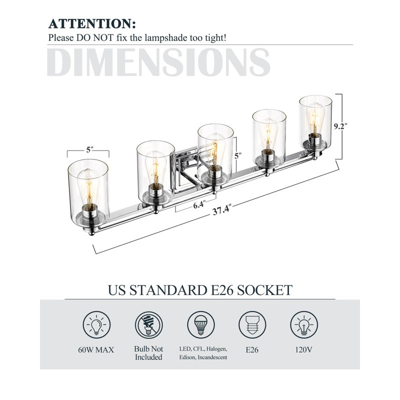 Chrome 37-inch Dimmable 5-Light Bathroom Vanity Fixture